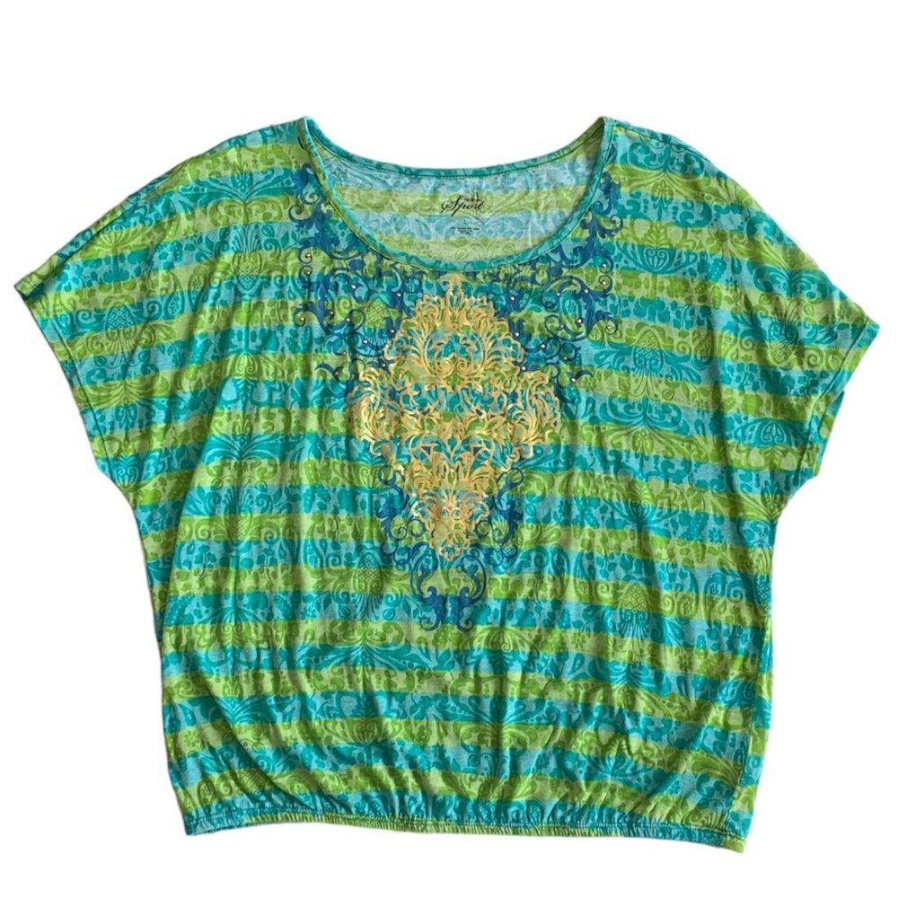 Green Blue Gold Style & Co Sport Cap Sleeve Shirt Top - Women's Large